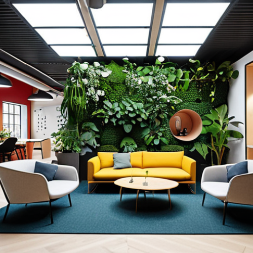 Flexible Workspace**

A vibrant, modern co-working space in Stockholm.  Depict activity-based offices with a variety of work environments: quiet zones, collaborative open areas, informal lounges with comfortable furniture, and private rooms. Integrate natural elements like indoor plants and vertical gardens.  Show people working, collaborating, and brainstorming. The scene should convey energy, creativity, and a sense of well-being.  Include subtle tech elements like wireless charging stations and digital displays.

**