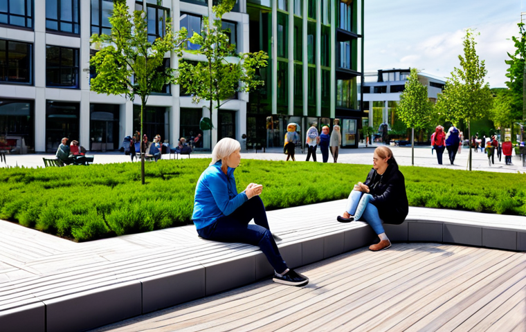 A diverse group of individuals of various ages, fully clothed in modest, contemporary attire, enjoying a vibrant, human-scaled city square. The square features lush green infrastructure, including vertical gardens on modern buildings, well-maintained planters, and inviting seating areas made of warm wood. Wide pedestrian pathways encourage leisurely strolls, and a small, family-friendly cafe with outdoor seating is visible. Children are safely playing in a designated area. The architecture is modern Scandinavian, with clean lines and large windows. The scene conveys a sense of calm, community, and well-being. Perfect anatomy, correct proportions, natural poses, well-formed hands, proper finger count, natural body proportions. Professional photography, high detail, realistic, natural lighting, safe for work, appropriate content, fully clothed, family-friendly.